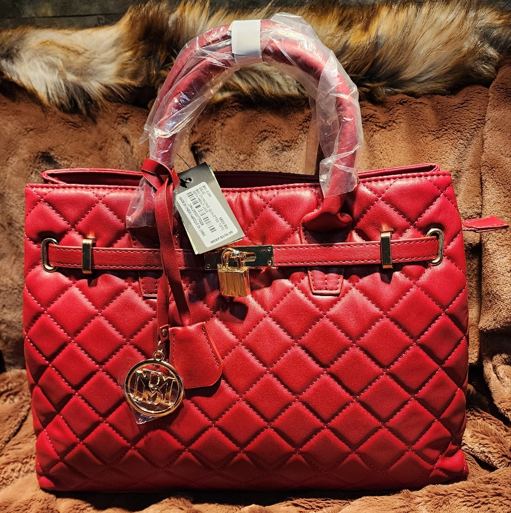 Badgley Mischka Red and Gold Quilted Satchel Item 102